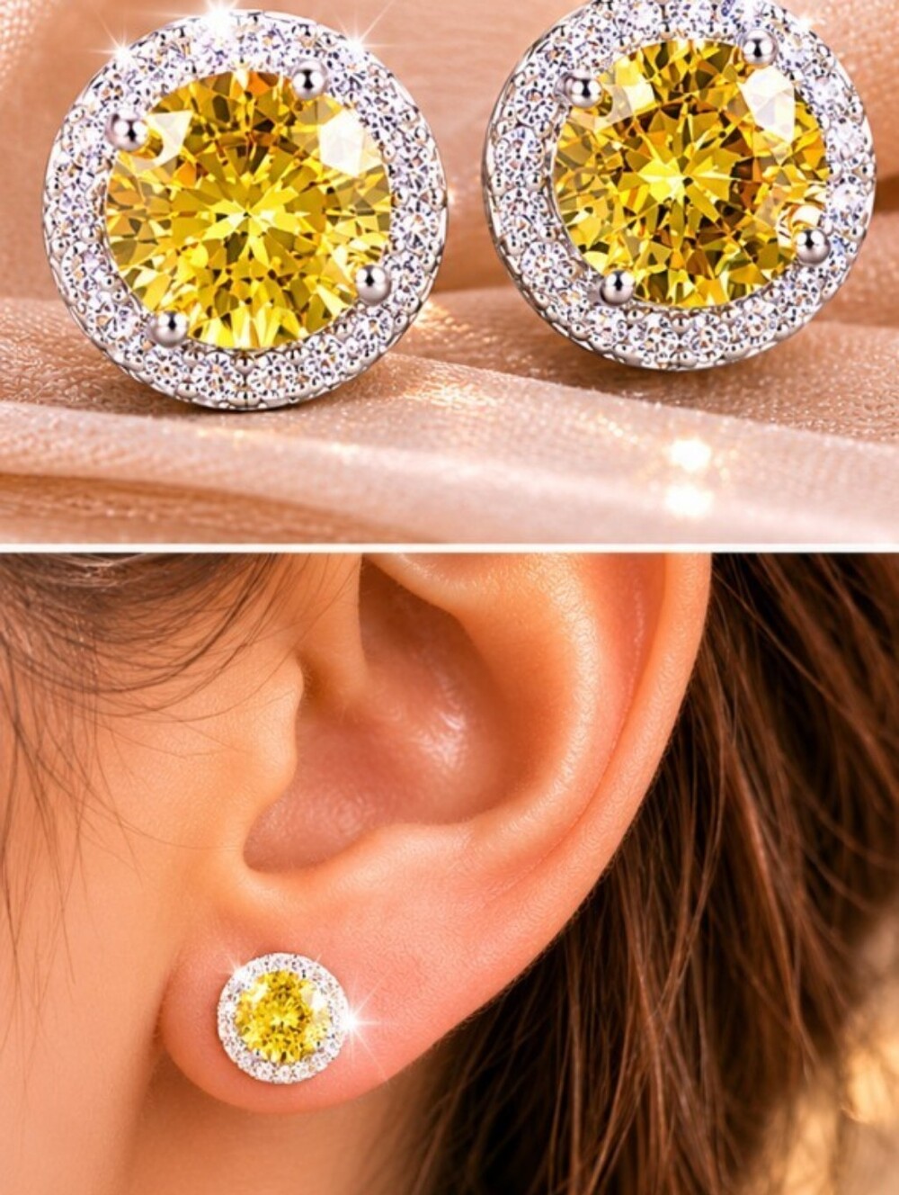 Sterling Silver Yellow Citrine Halo Stud Earrings - Picture 3 of 4